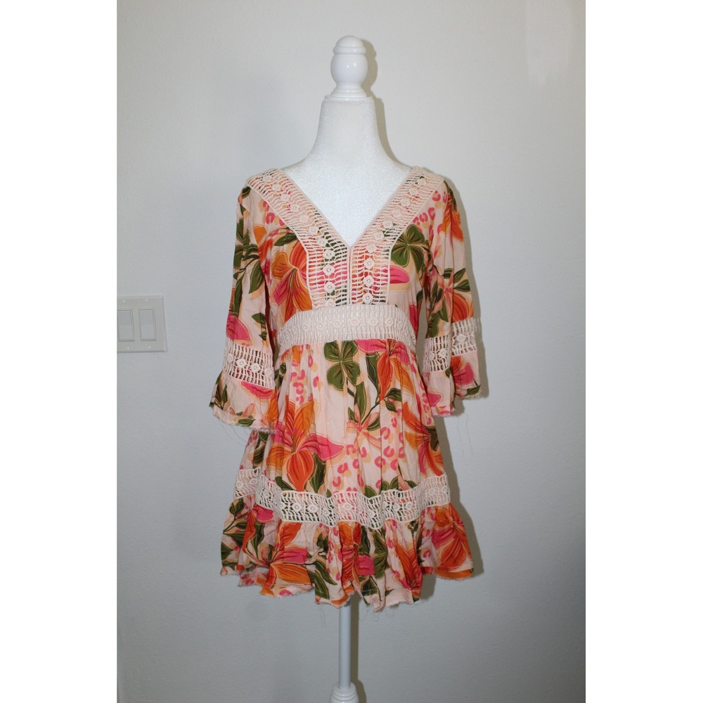Z&L Europe Floral Leopard Print Crochet Lace Boho Mini Dress Tassel Back Sz S/M